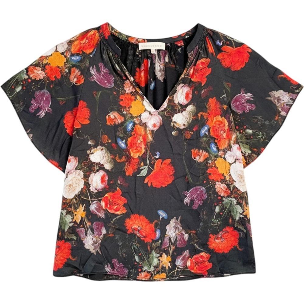 Caballero Floral V-Neck Blouse Womens XS Black Multi Short Sleeve Flutter Top